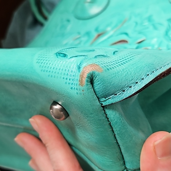 Patricia Nash Leather Cut Out Tooling Collection Cavo Floral Tote ❤️ 💙 Aqua - Picture 13 of 16